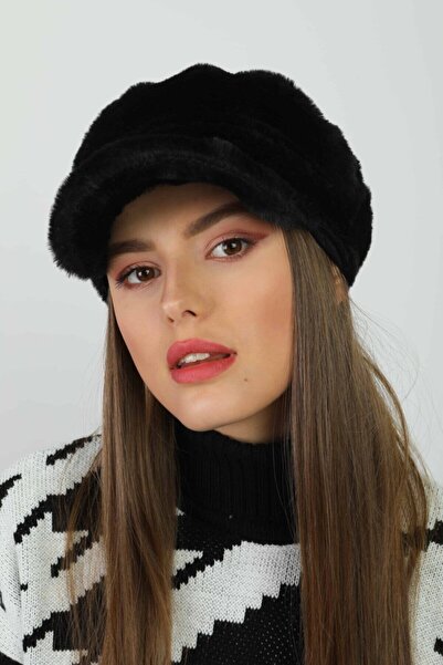 MARBERRY Șapcă de pluș neagră cu textura moale - Pălărie pentru femei