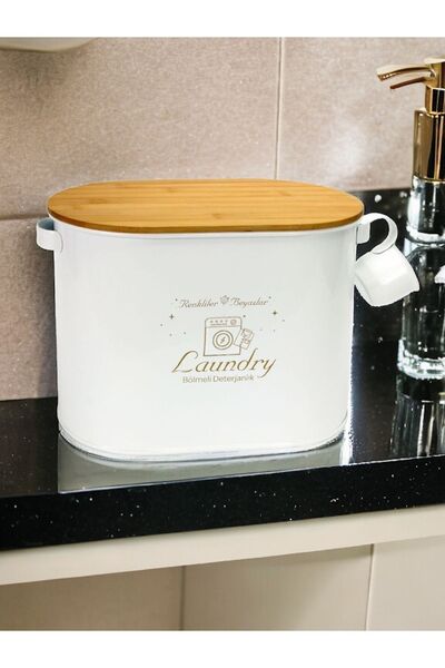 EVSTYLE Scale Dust Detergent with Bamboo Lid and Metal Compartment, Tablet Storage Box White