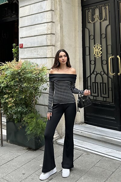 New Now Madonna Collar Blouse Flared Leg Camisole Set