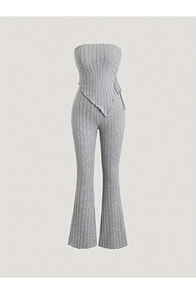 Marin Star Gri Askısız Asimetrik Likralı Yan Büzgülü Bluz Alt Üst Takım, Esnek Kumaş Gri Büzgülü Straplez Takım