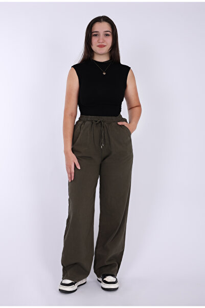 MYRAB DENİM Baggy Linen Women's Trousers Dark Khaki