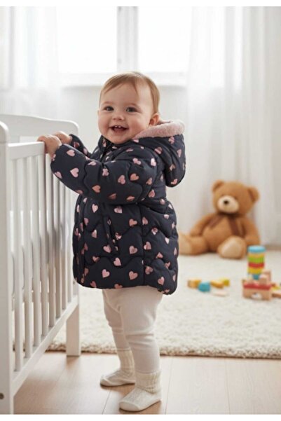 Next Baby Kız Çocuk Folyo Kalp Baskılı Polar Astarlı Lacivert Suya Dayanıklı ...