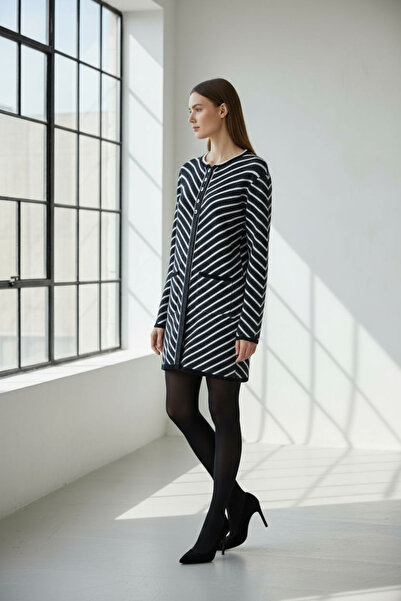 ENDAMIM Striped 3 Button Long Plus Size Knit Cardigan