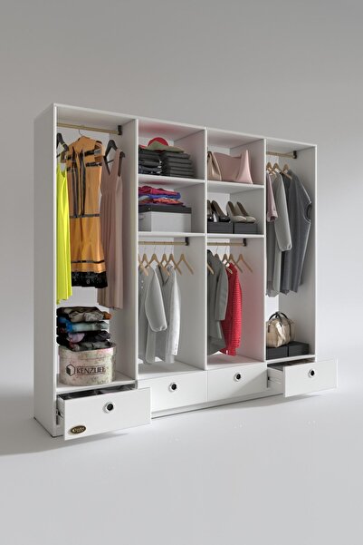 Kenzlife Giysi Dolabı 4 Bölmeli 4 Çekmeceli Kamil 182*200*42 Byz Dolap Kapaksız