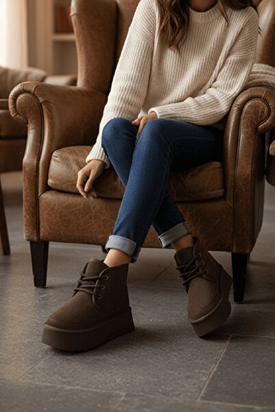 DİVOLYA Ugy Brown (4.5 cm) Daily Use Boots with Fur Inside and Laces