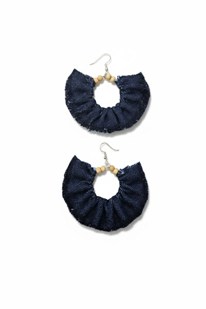 maia Women's Silver Color Dangle Earrings – Navy Blue Denim Fabric Beaded Design