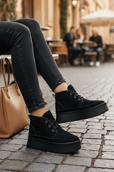 DİVOLYA Ugy Black (4.5 CM) Daily Use Boots with Fur Inside and Laces