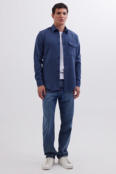 Tudors Erkek Slim Fit Tek Cep Kapaklı Düz Oduncu Spor İndigo Gömlek