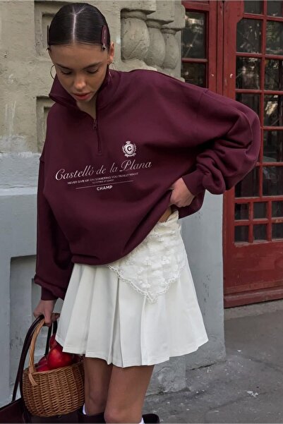 The Champ Clothing Γυναικείο φούτερ Oversize Castelló de la Plana με στάμπα μπορντό – με μισό φερμουάρ, 3 κλωστές φλις