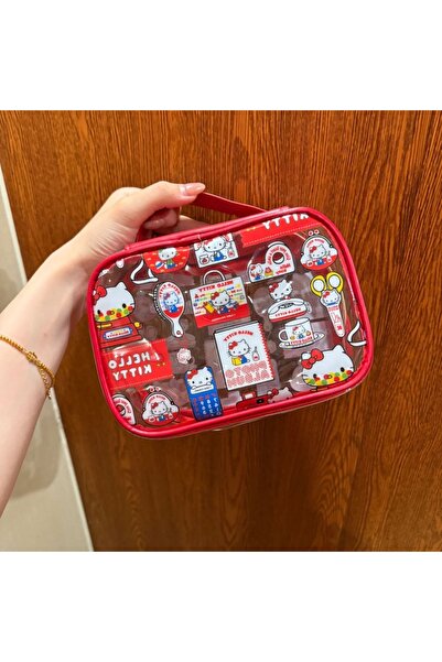 Miniso KT New Hello Kitty PVC Transparent Makeup Bag Cartoon Portable Handheld Large Capacity Waterproof Sk