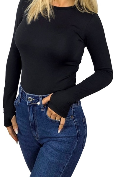 FashionForYou BASIC midi blouse, with round collar and finger slit, Black, S