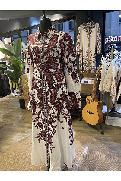 Jennyfer Women's Atlas Fabric Floral Printed Patterned Belted Design Long Dress