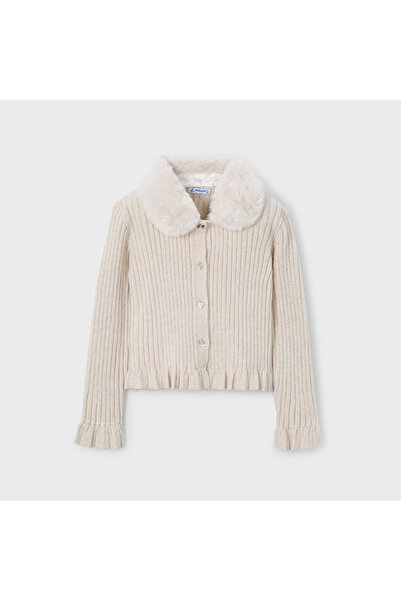MAYORAL Girl's Detachable Collar Fur Knit Cardigan L26K4311-Ecru