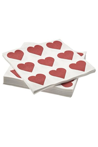 IKEA Winter Heart Patterned Napkin, 33X33Cm, 30 Pieces, White Red Heart