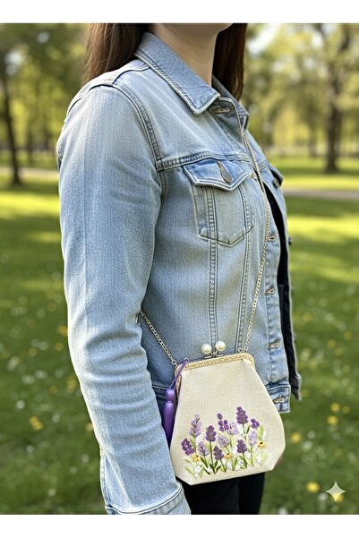 Home Cream Linen Hand Embroidered Lavender Pattern Vintage Style Bag. 18X18 Dimensions. 100% Handmade