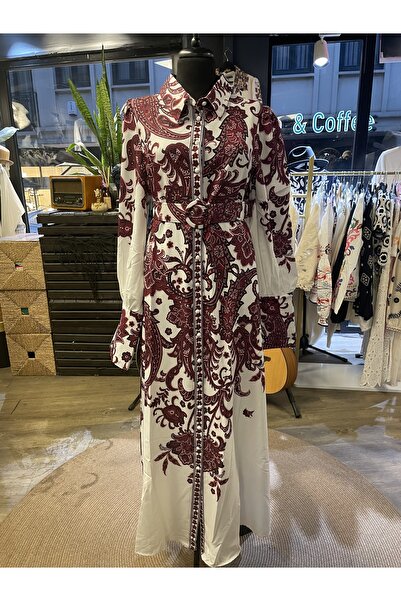 Jennyfer Women's Atlas Fabric Floral Printed Patterned Belted Design Long Dress