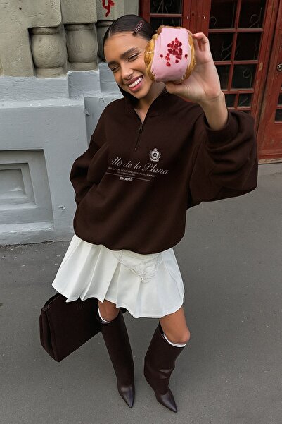 GIA - ART Дамска суитшърт с голям размер Castelló de la Plana с кафяв принт – половин цип, 3-нишка полар