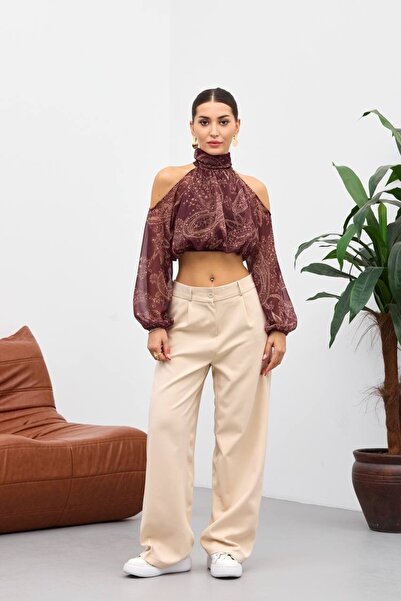 cemo Bordo Omuzu Açık Belden Lastikli Bluz