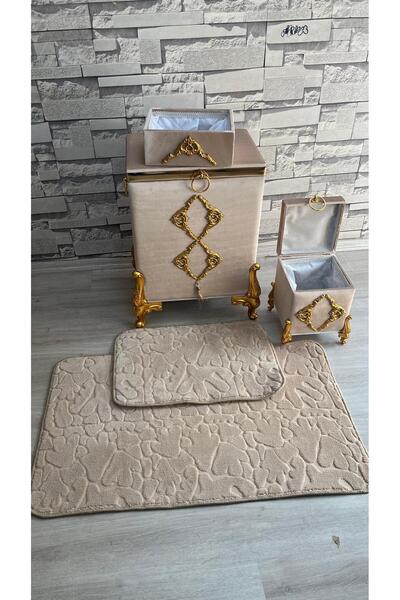 ORUÇ BEY 5’Li Yün Kaydırmaz Paspaslı Kadife Aksesuarlı Kirli Çamaşır Sepeti S...