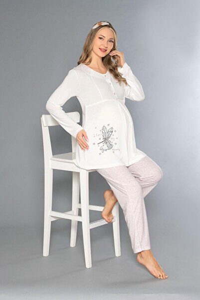 FLZ Pregnant Women's Long Sleeve Pajama Set with Embroidery Detail Zakkum 25-02