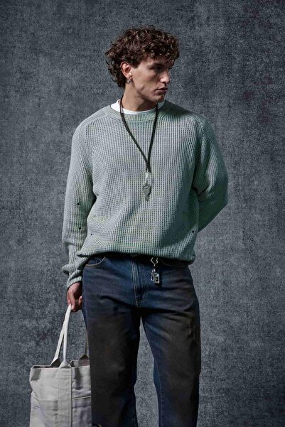 ablukaonline Ανδρικό πλεκτό πουλόβερ oversized Washed Distressed Mint