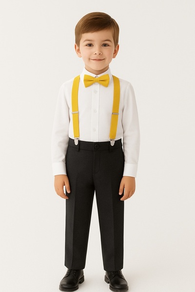 DaphKids Unisex 1-7 Yaş Lastikli Ayarlanabilir Çocuk Pantolon Askısı Papyon Seti - Sarı