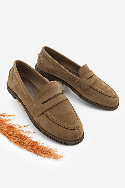 Marjin Damen-Loafer mit flacher Sohle, Mokassin, Freizeitschuhe, Benif Tan Wildleder