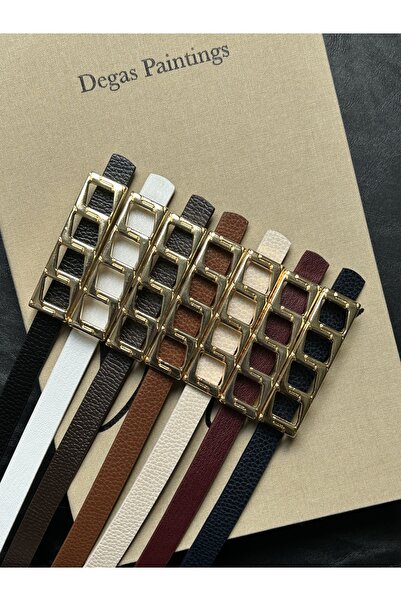 LİA KEMER 7-Piece Icon Square Patterned Gold Buckle Model Women's Belt Waist Belt Coat Belt Dress Belt