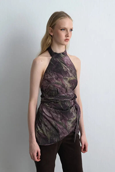 Gusto Anka Collection Halter Neck Blouse with Scarf - Plum