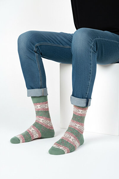 Buluş Organic 2'li Organik Yün Kışlık Kilim Desenli Kalın Soket Çorap - Çok Renkli