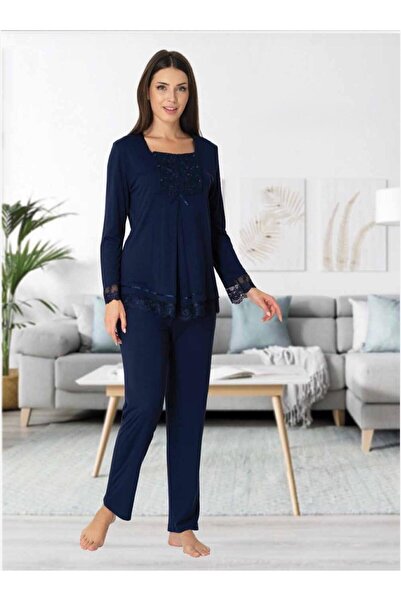 Lohusa Homewear Women's Navy Blue Special Design Lace Cotton Maternity Pajama Set (Effortt)