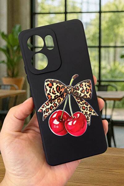Vip Case OPPO RENO 13 F Uyumlu Kiraz Leopar Fiyonk Desenli Silikon Darbe Emici Klasik Rubber Kılıf
