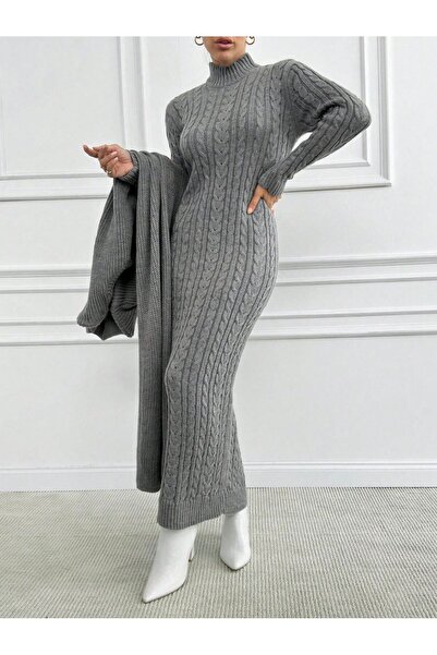 ÖZ KURTOĞLU COLLECTİON 2 Parça Kadın Şık Vintage Saç Örgü Desenli Uzun Hırka Kazak Elbise Seti, Kış Kadın Triko Takım