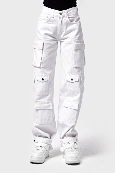 its basic Γυναικείο τζιν σε λευκό χρώμα w5-2 Straight Cargo Fit Silvery Special Fabric Design