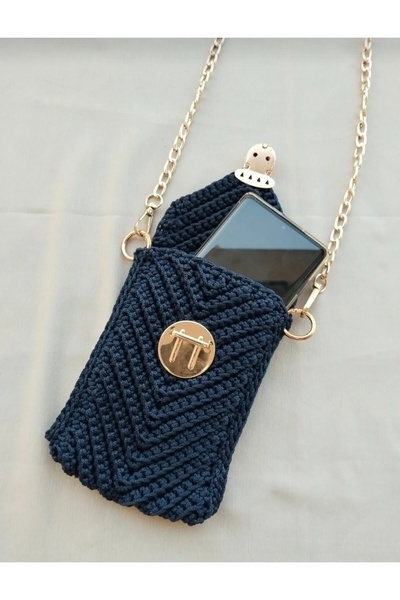 SOFT El Örgüsü Polyester Makrome İpinden Telefon Çantası (LACİVERT)
