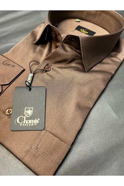 Chamis Regularfit Chocolate Brown Satin Classic Collar Shirt