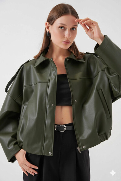 hazelin Women's Khaki Oversize Zippered and Buttoned Side Pocket Faux Leather Jacket Hzl25W-Bd110551