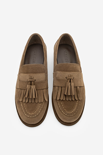 Marjin Kadın Loafer Püsküllü Günlük Ayakkabı Petlin Taba Süet