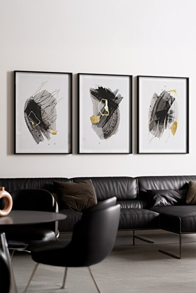 huhuli Ahşap Siyah Çerçeveli Minimalist 3’lü Tablo Huhu208