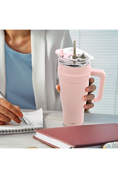 Other STALOWY KUBEK TERMICZNY TERMOS 1200ml Z RĄCZKĄ I SŁOMKĄ ORION 112283 RÓŻOWY