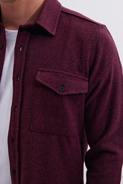 Tudors Erkek Slim Fit Tek Cep Kapaklı Düz Oduncu Spor Bordo Gömlek