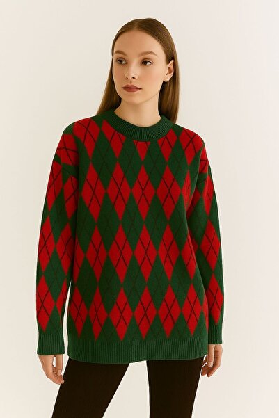 Sfg Life Moda Women's Ribbed Crew Neck and Argyle Pattern Knit Long Sweater