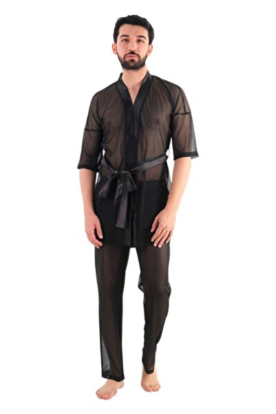 JEU JEU BLINK Siyah Tül Saten Detaylı Transparan Fantezi Erkek Kimono Takımı