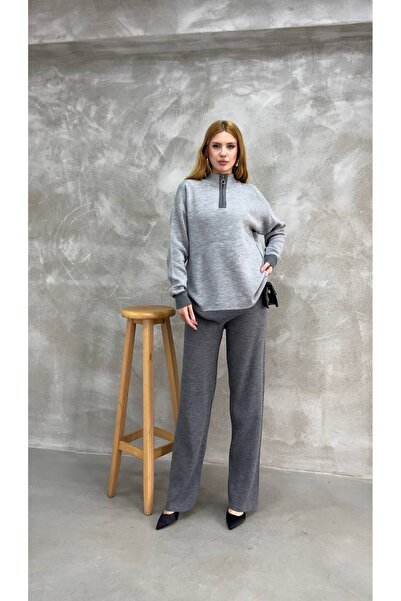 SHEZAN MODA بنطلون نسائي واسع الساق بسحاب نصفي، طقم تريكو مزدوج كبير الحجم BB...