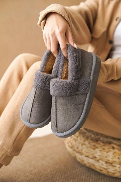 FUGA MODA Moffy Anthracite Suede Fur Collar Silent Sole Home Shoes