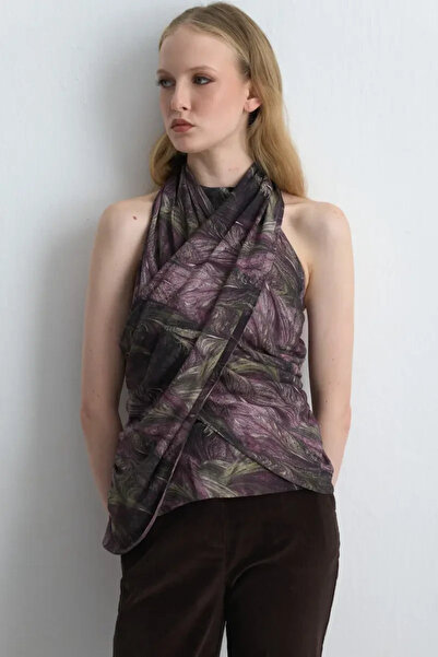 Gusto Anka Collection Halter Neck Blouse with Scarf - Plum