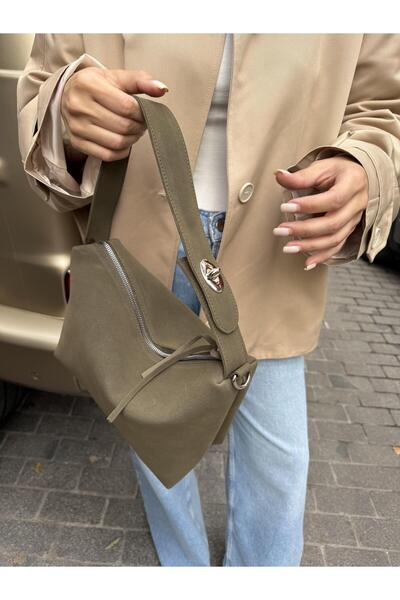 Tina İstanbul Kilit Askılı Nubuk El ve Omuz Çantası Haki