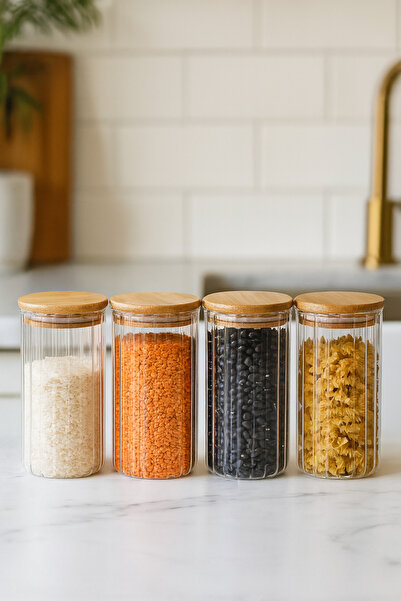 Denia Home | Borrelia | 4-Piece Jumbo Size Striped Spice Jar Set with Bamboo Lids 1300 Ml.