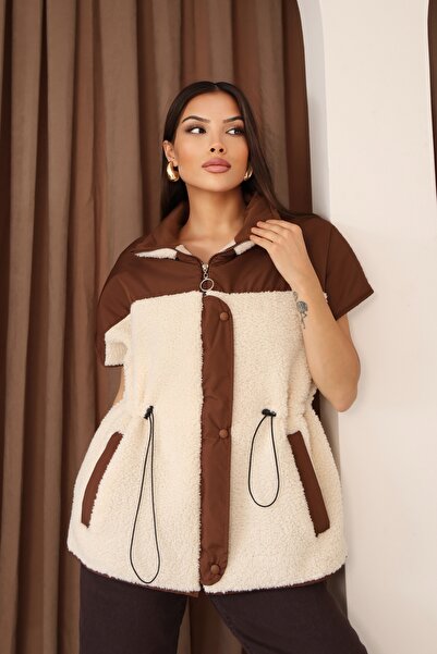 MOVİMENT Women's Ecru Fleece and Coffee Garnish Padded Coat with Zipper and Pocket Detail