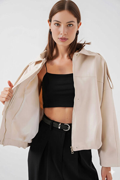hazelin Women's Ecru Oversize Zippered and Buttoned Side Pocket Faux Leather Jacket Hzl25W-Bd110551